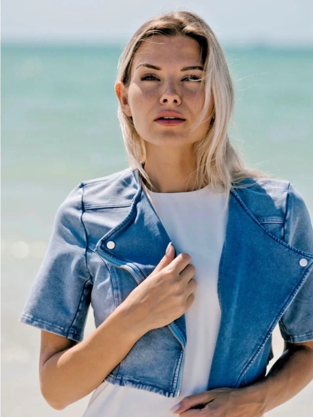 ALEEZA PARIS Cropped Blue Denim Moto Jacket - Picture 2 of 6